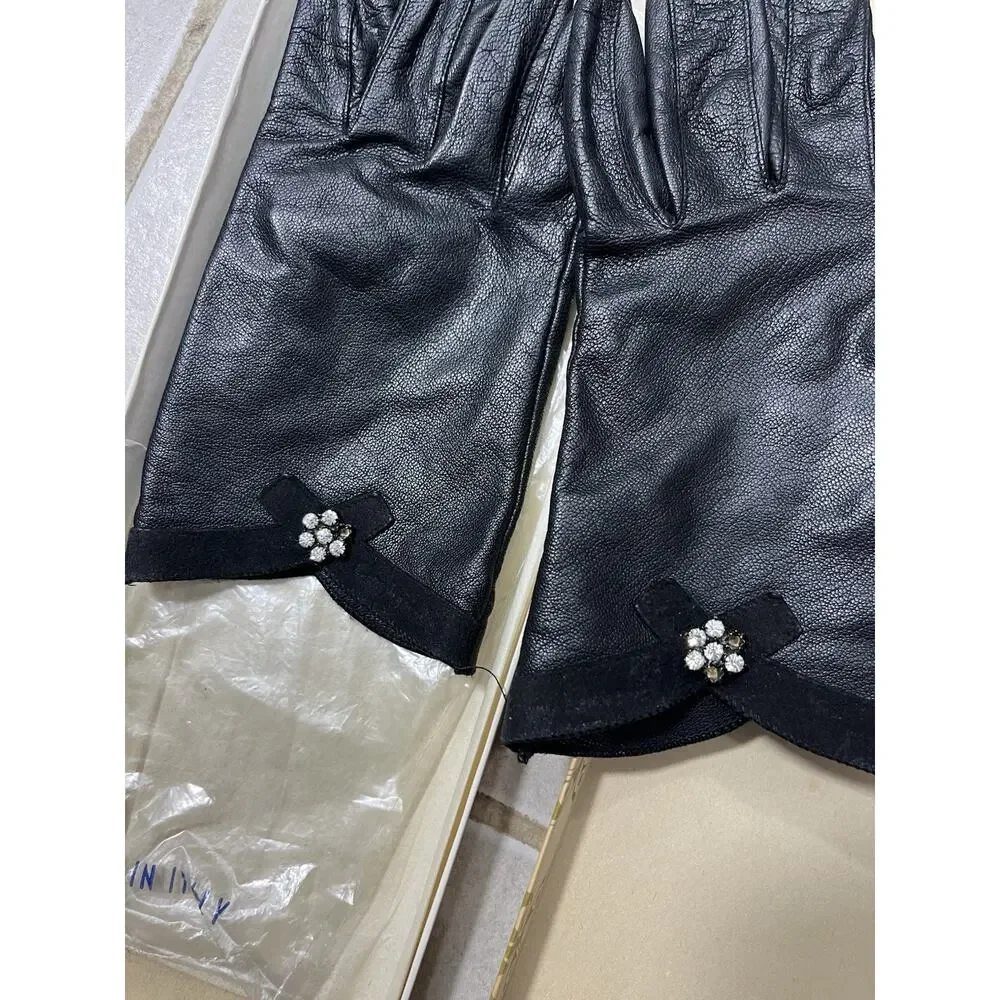 Vintage Guy La Roche Black Leather Gloves Size Small Rhinestone Coquette Retro